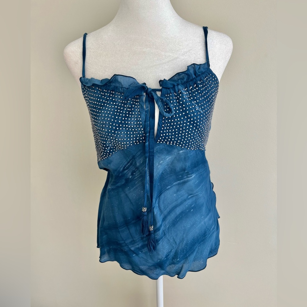 Mermaidcore Boho Blue Water/ Marble Print Beaded Blouse With Slits Small